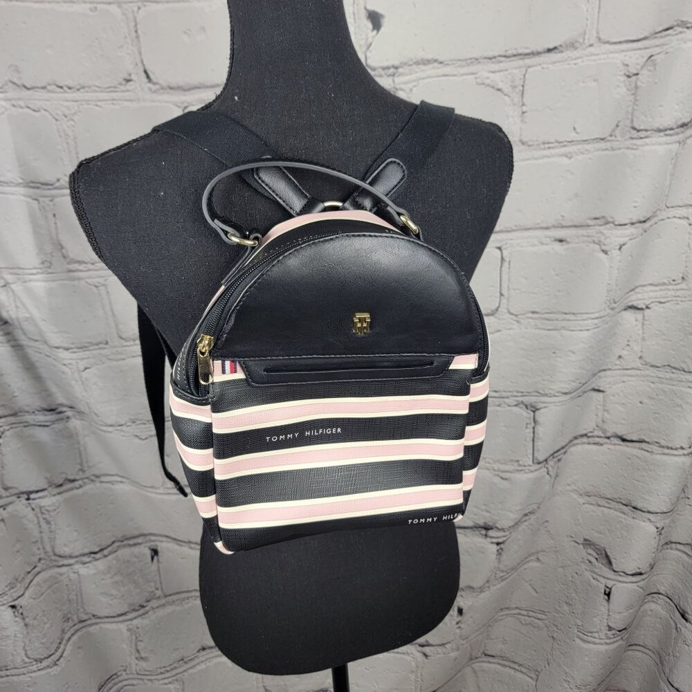 Tommy Hilfiger Womens Mini Backpack Bag Pink Navy‎ White Stripe Small Handbag